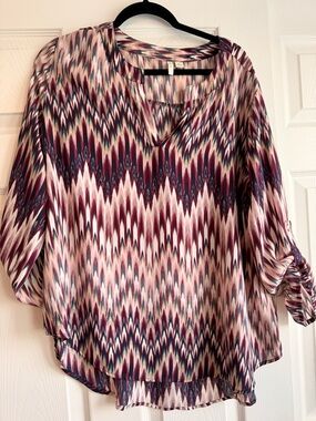 Printed V-Neck Blouse in Burgundy and Pink